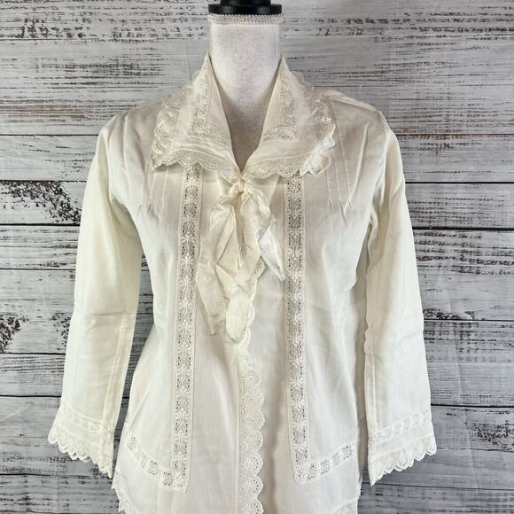 Vintage Ivory Handmade Dressing Bed Jacket Chemise Robe Lace Collar size L/XL - Picture 2 of 16